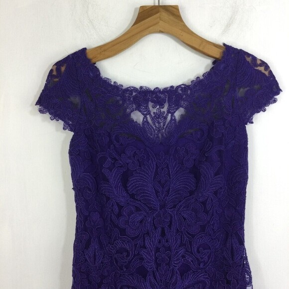 Tadashi Shoji Corded Lace Embroidery Tulle Cap Sleeve V-Back Dress Purple 6 - Picture 2 of 10